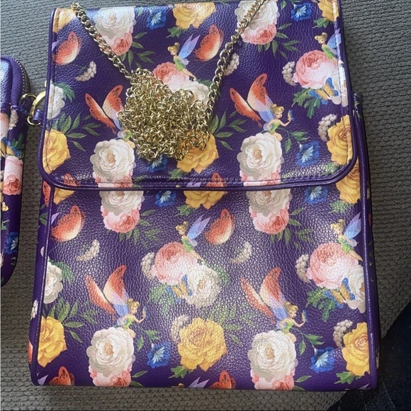 Disney Parks TINKERBELL Purple Floral Tablet Case Crossbody Purse Bag & Wristlet - Picture 2 of 9
